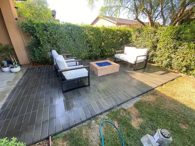 Composite deck lounge with a fire pit